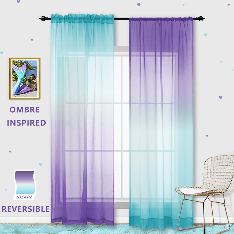 KOUFALL Lavender Purple and Teal Curtains for Kids Girls Bedroom, Mermaid Room Decor, Ombre Sheer Curtains for Nursery Girls Room, Wide 52 x 63 Inch Length, 2 Panels Set - Image 3